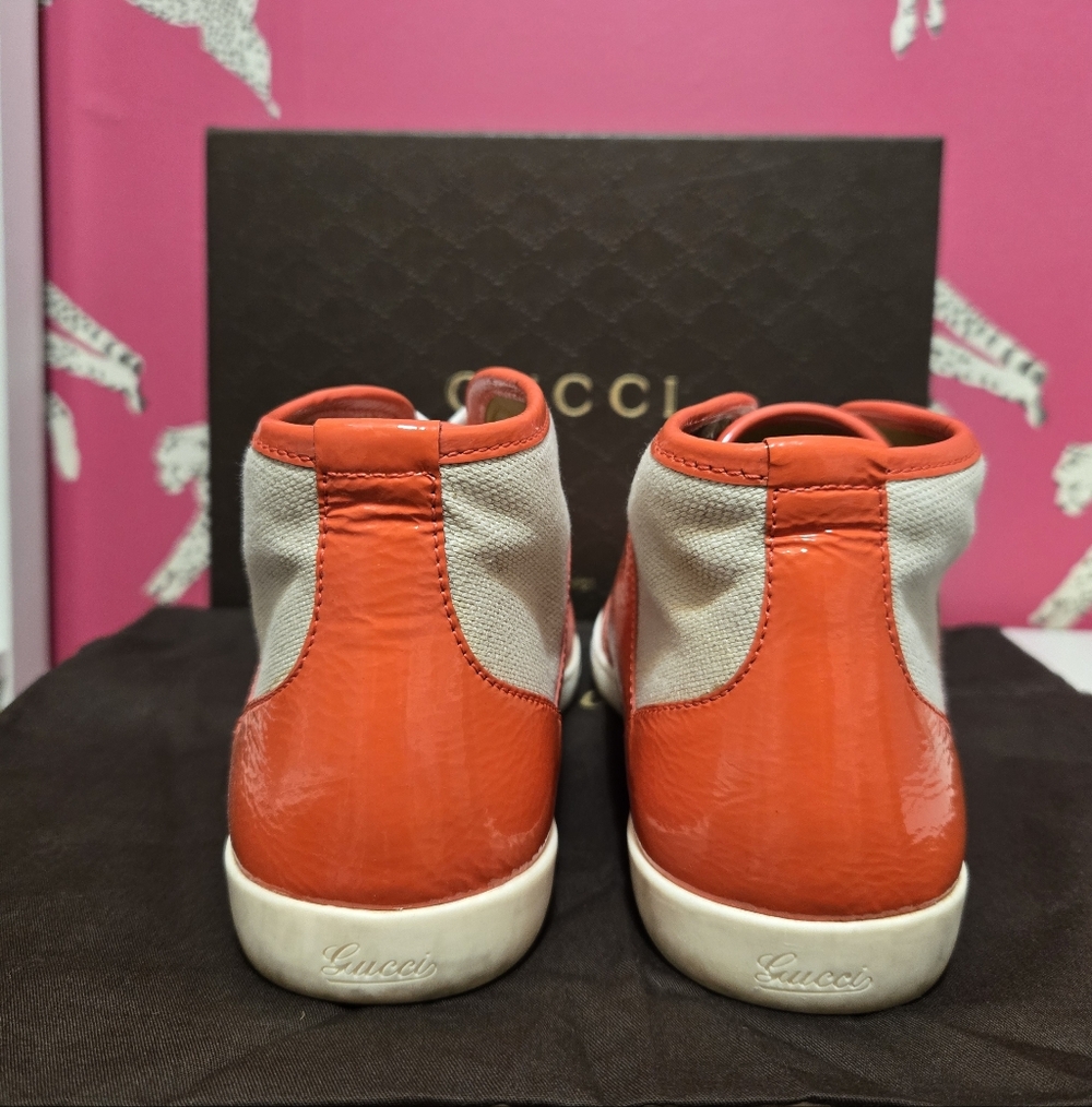 EUC Gucci Sylvie Web Accent Patent Leather High Top Sneakers IT 38.5 US 8.5 - Picture 4 of 14